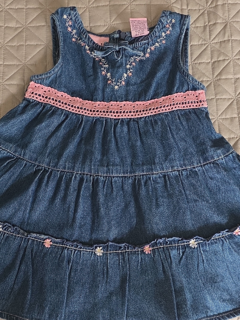 Sweet Pea Denim Tiered Dress with Pink Crochet and Floral Embroidery